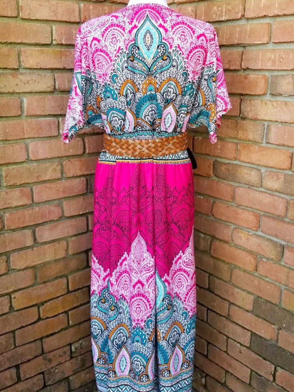 Boho Paisley Maxi Dress Pink Turquoise V-Neck Festival Resort Summer Dress Sz L - Picture 7 of 12